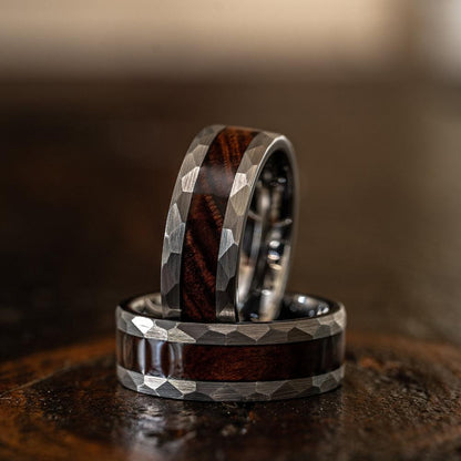 "Zeus" Hammered Tungsten Carbide Ring- Silver with Desert Ironwood