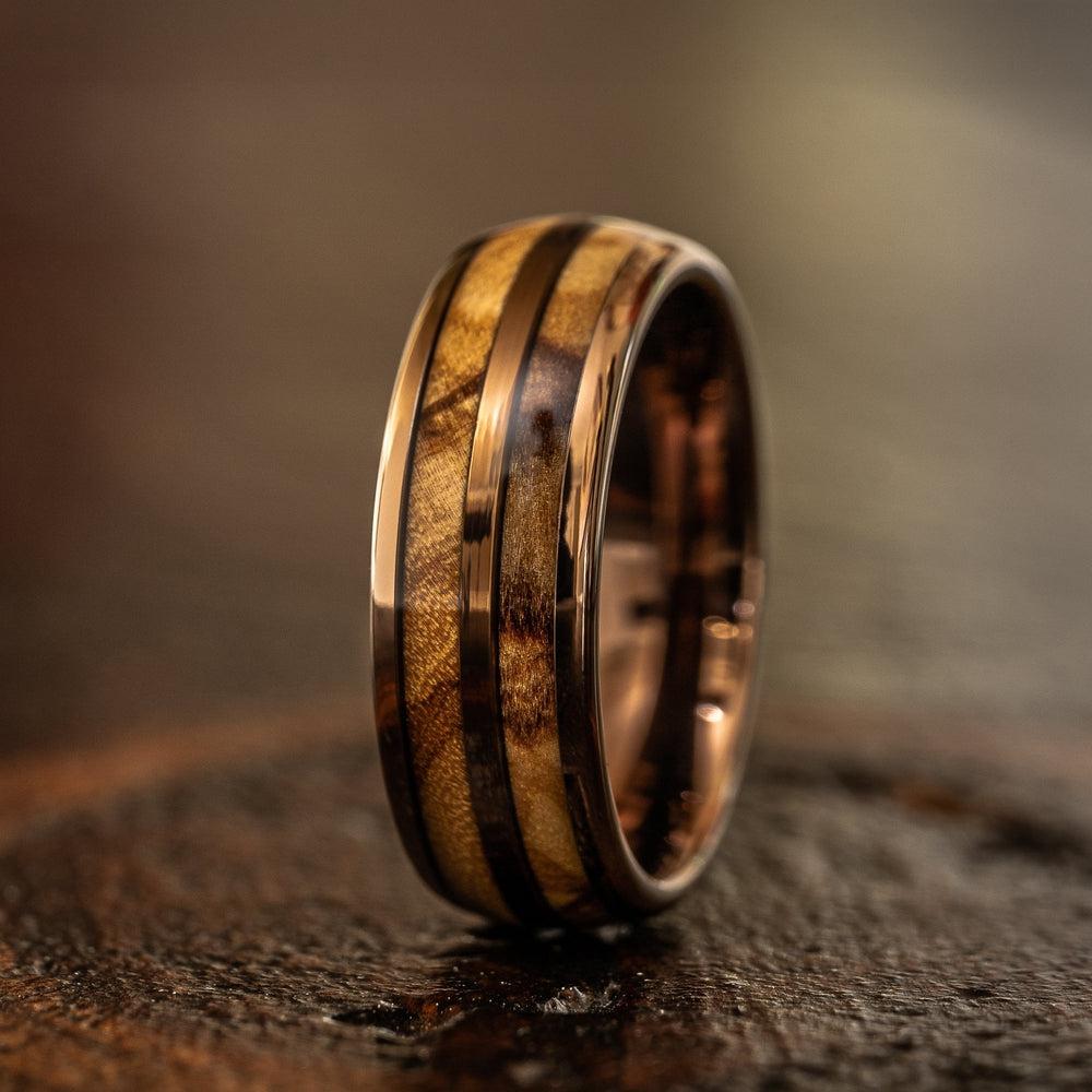 "Dionysus"  Olive Wood Double Barrel Rose Gold Tungsten Ring