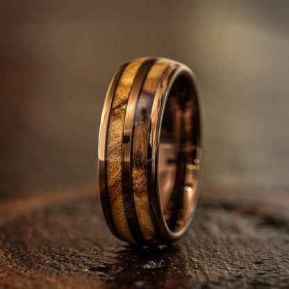 "Dionysus"  Olive Wood Double Barrel Rose Gold Tungsten Ring
