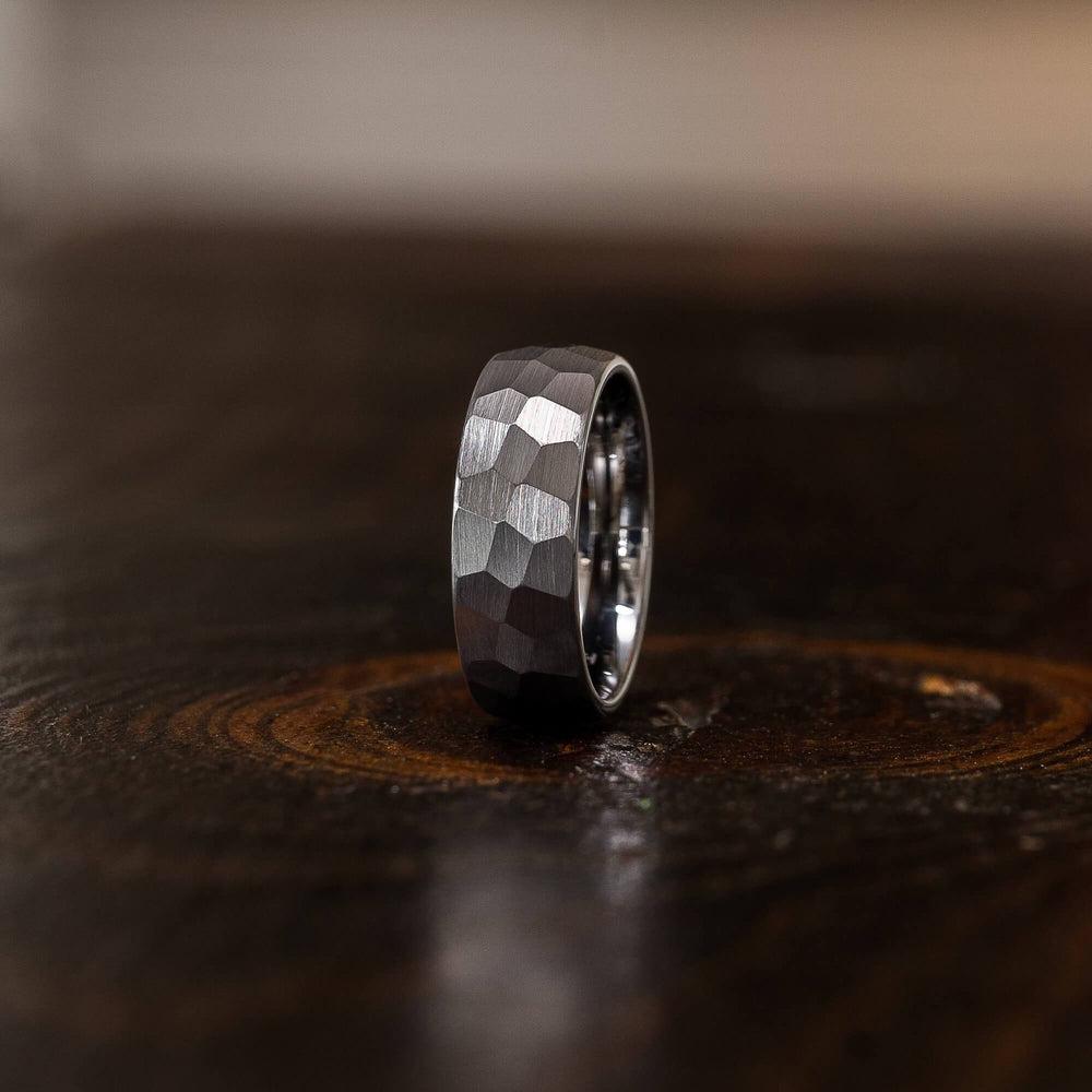 "Zeus" Hammered Tungsten Carbide Ring- White Gold Plate- 8mm