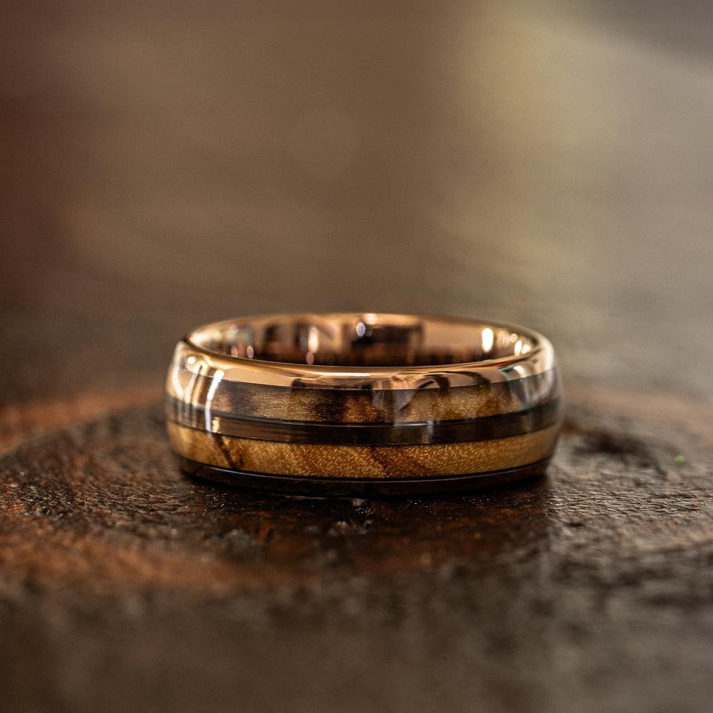 "Dionysus"  Olive Wood Double Barrel Rose Gold Tungsten Ring