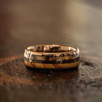 "Dionysus"  Olive Wood Double Barrel Rose Gold Tungsten Ring