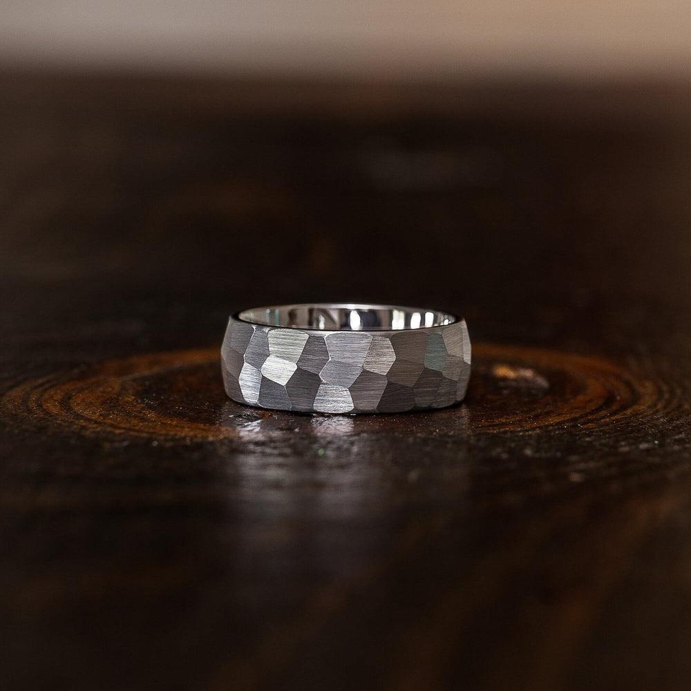 "Zeus" Hammered Tungsten Carbide Ring- White Gold Plate- 8mm