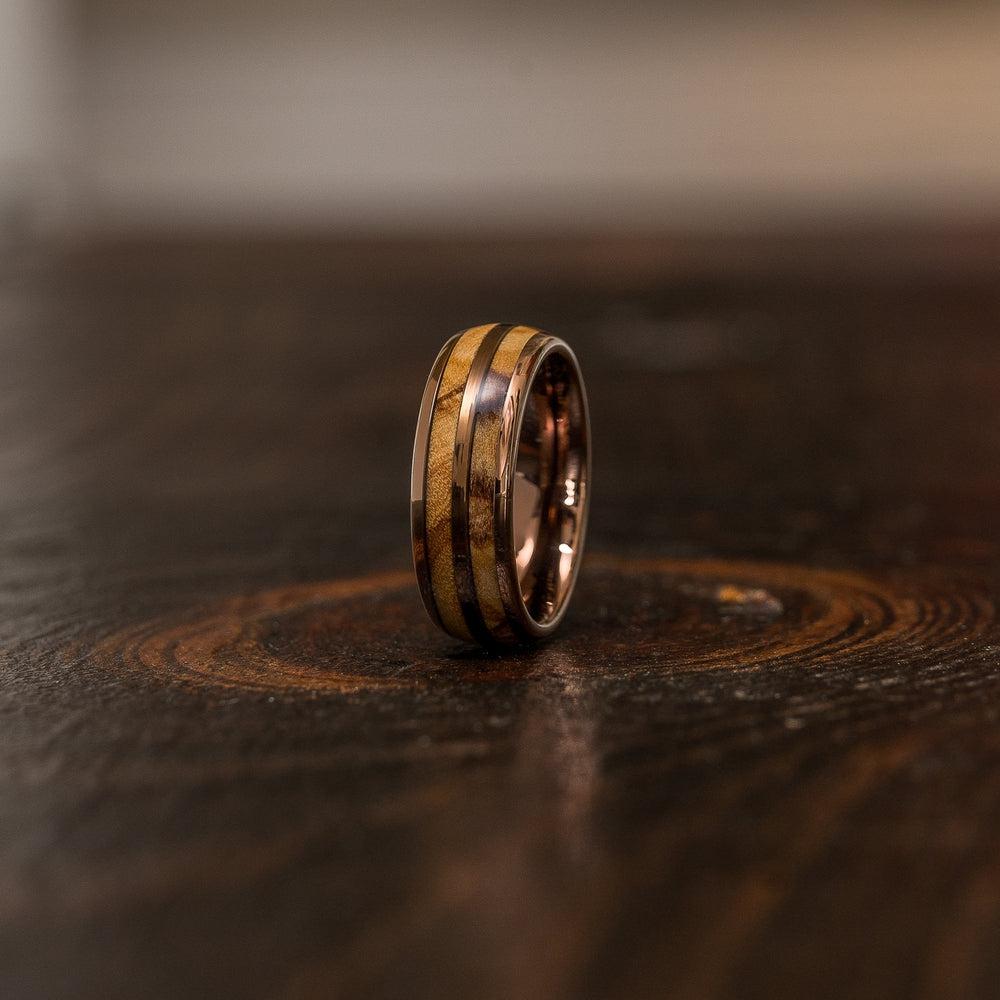 "Dionysus"  Olive Wood Double Barrel Gunmetal Tungsten Ring