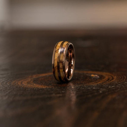 "Dionysus"  Olive Wood Double Barrel Gunmetal Tungsten Ring