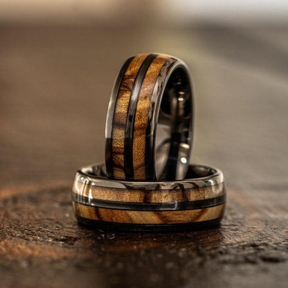 "Dionysus"  Olive Wood Double Barrel Gunmetal Tungsten Ring