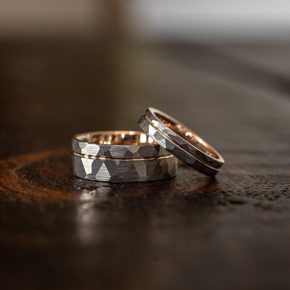 "Zeus" Womens Hammered Tungsten Carbide Ring- White Gold w/ Rose Gold Strip- 4mm