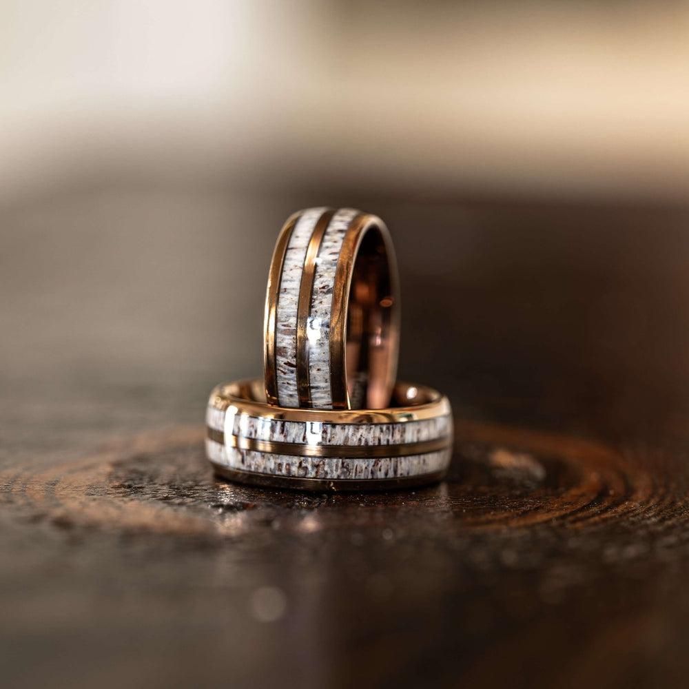 "Dionysus"  Double Barrel Naturally Shed Antler Rose Gold Tungsten Ring- Domed