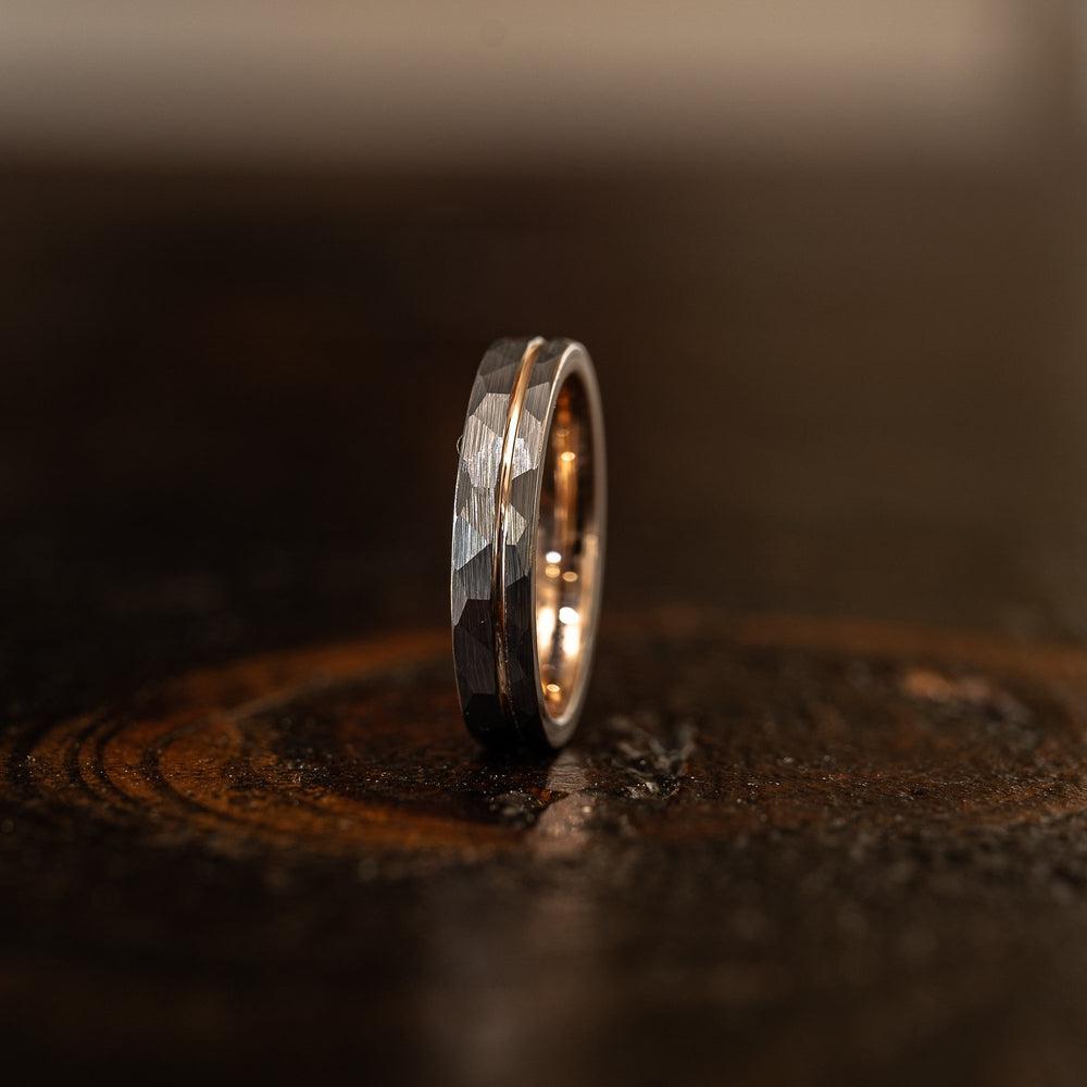 "Zeus" Womens Hammered Tungsten Carbide Ring- White Gold w/ Rose Gold Strip- 4mm