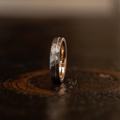 "Zeus" Womens Hammered Tungsten Carbide Ring- White Gold w/ Rose Gold Strip- 4mm