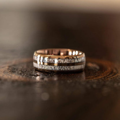 "Dionysus"  Double Barrel Naturally Shed Antler Rose Gold Tungsten Ring- Domed