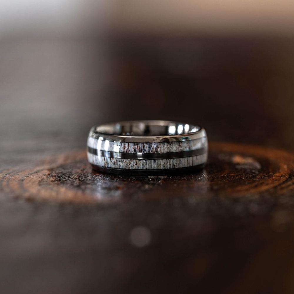 "Dionysus"  Double Barrel Naturally Shed Antler Gunmetal Tungsten Ring- Domed