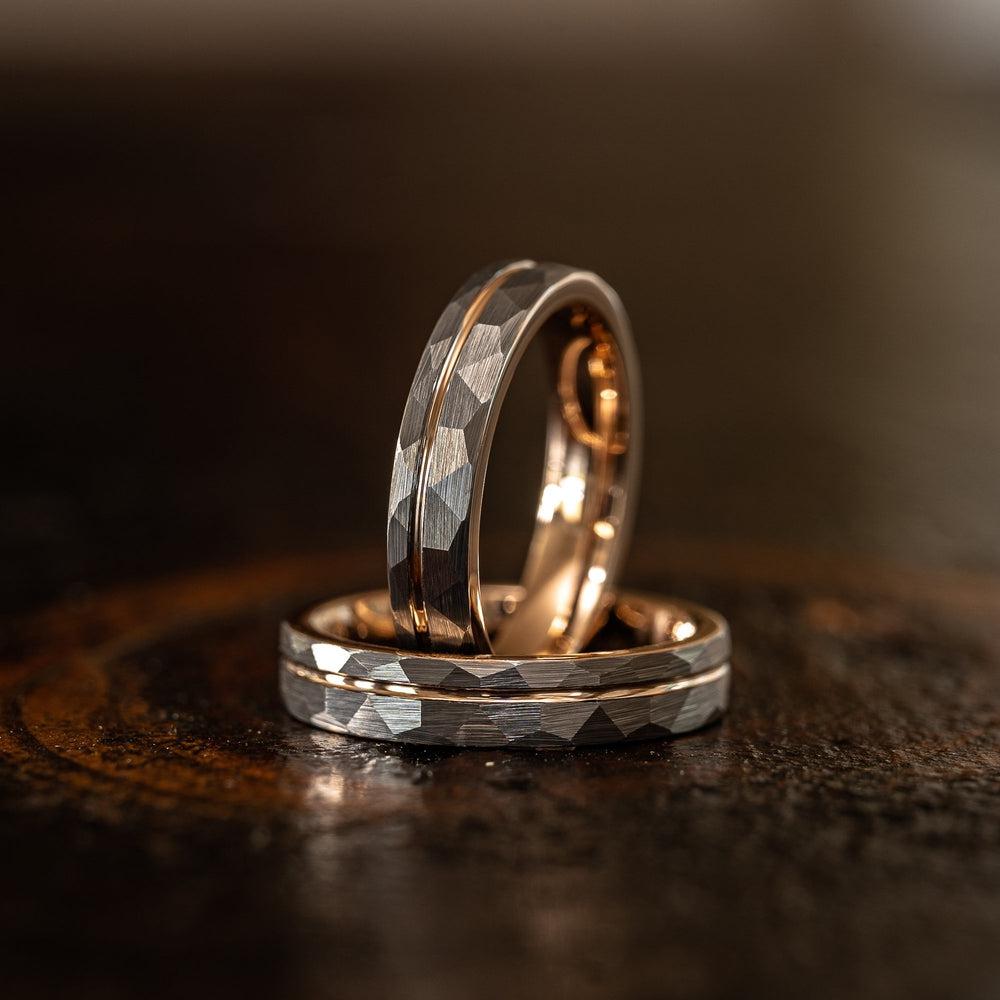 "Zeus" Womens Hammered Tungsten Carbide Ring- White Gold w/ Rose Gold Strip- 4mm