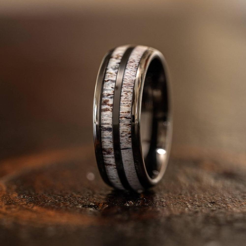 "Dionysus"  Double Barrel Naturally Shed Antler Gunmetal Tungsten Ring- Domed
