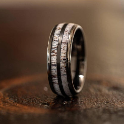 "Dionysus"  Double Barrel Naturally Shed Antler Gunmetal Tungsten Ring- Domed