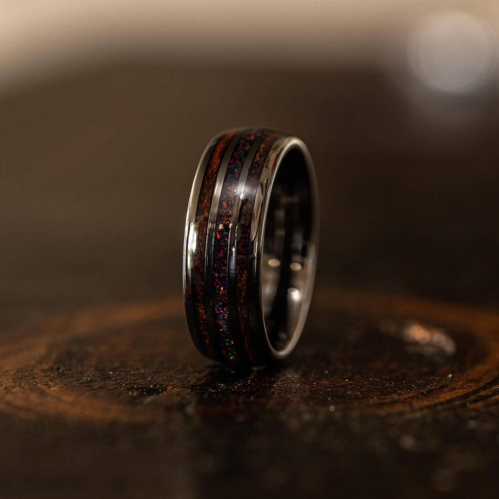 "Dionysus"  Desert Ironwood x Black Opal Gunmetal Tungsten Ring