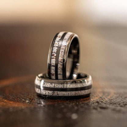 "Dionysus"  Double Barrel Naturally Shed Antler Gunmetal Tungsten Ring- Domed