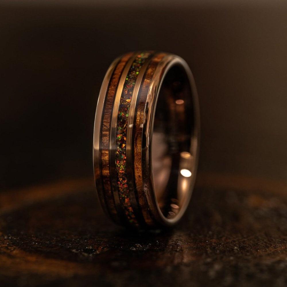 "Dionysus"  Hawaiian Koa Wood x Rasta Opal Rose Gold Tungsten Ring
