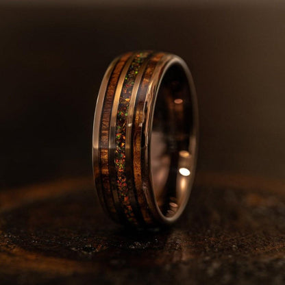 "Dionysus"  Hawaiian Koa Wood x Rasta Opal Rose Gold Tungsten Ring