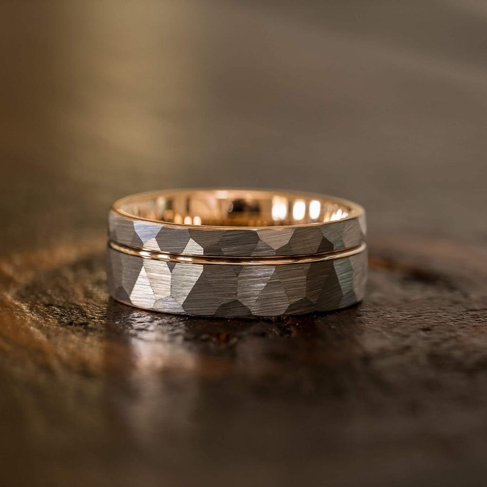 "Zeus" Hammered Tungsten Carbide Ring- White Gold w/ Rose Gold Strip- 6mm/8mm
