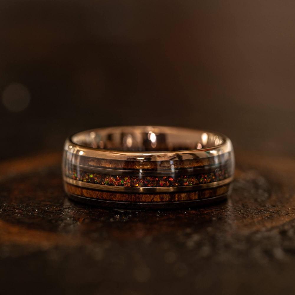 "Dionysus"  Hawaiian Koa Wood x Rasta Opal Rose Gold Tungsten Ring