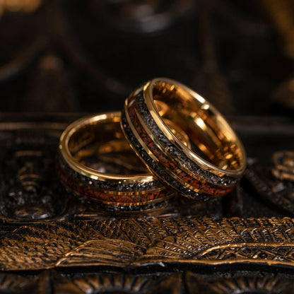 "Perseus" Yellow Gold Domed Tungsten Carbide Ring- Dinosaur and Meteorite- 6mm/8mm