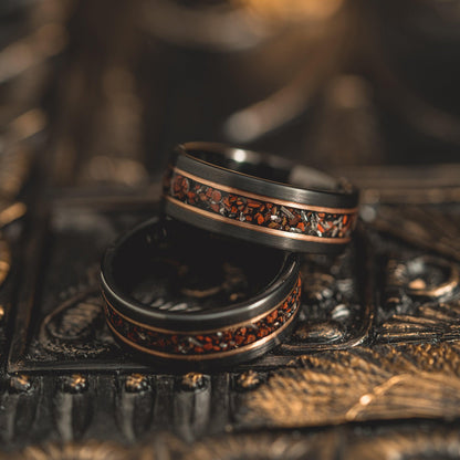 "Perseus" Black/Rose Flat Tungsten Carbide Ring- Dinosaur Bones and Meteorite- 8mm