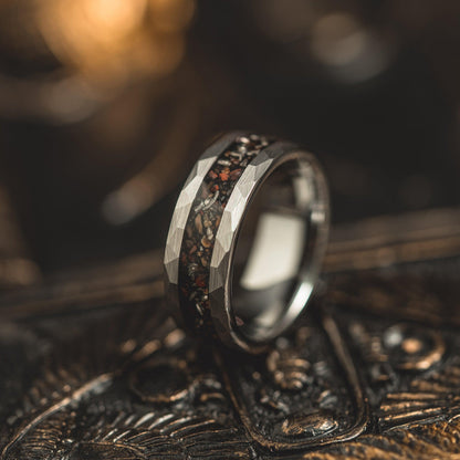"Perseus" Silver Hammered Tungsten Carbide Ring- Dinosaur Bones and Meteorite- 6mm/8mm