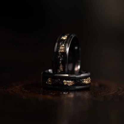 "Hades" Hammered Black Zirconium x Gold Leaf - Meteorite - 8mm
