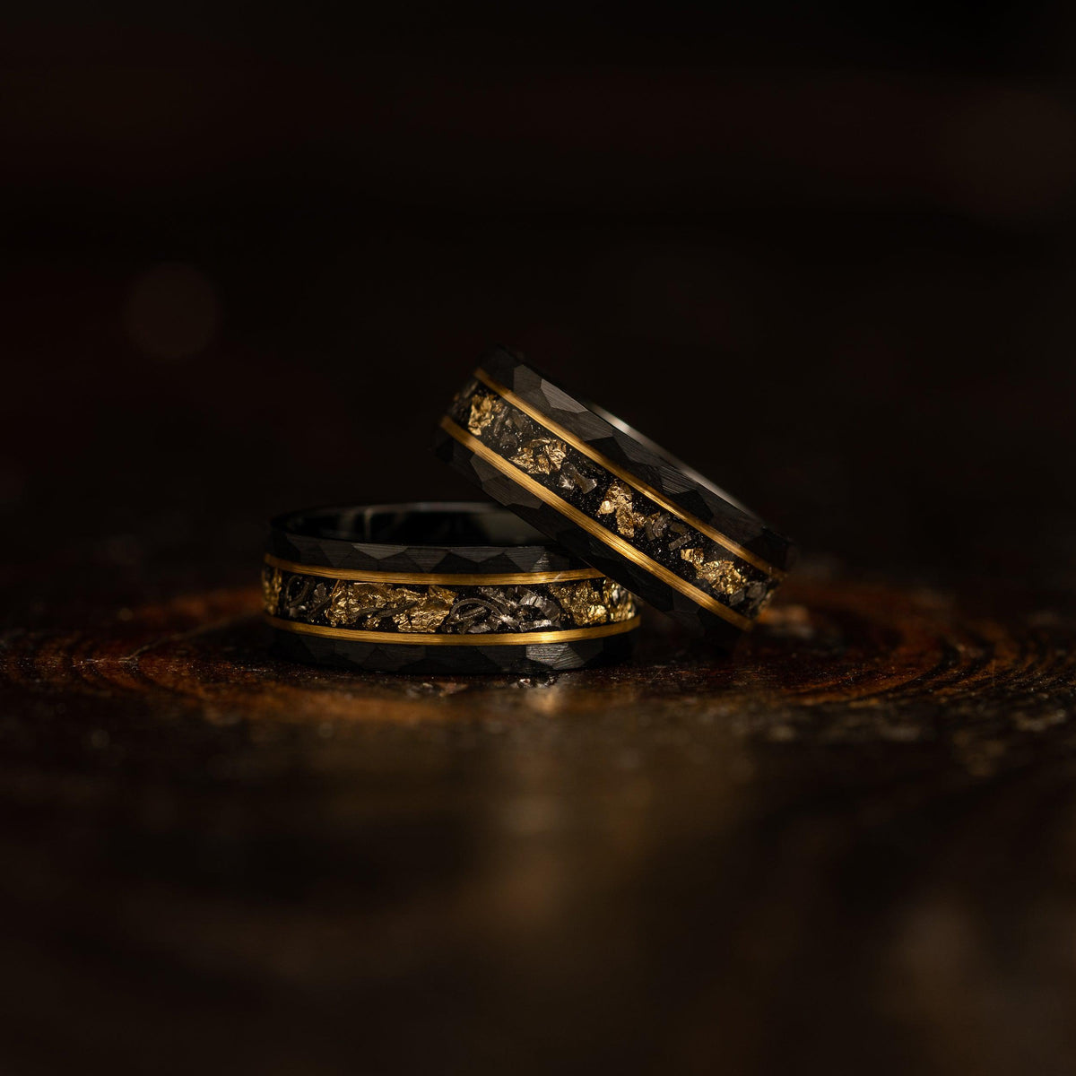 "Zeus" Hammered Tungsten Carbide Ring- Black w/ Meteorite & Gold Leaf- 6mm/8mm