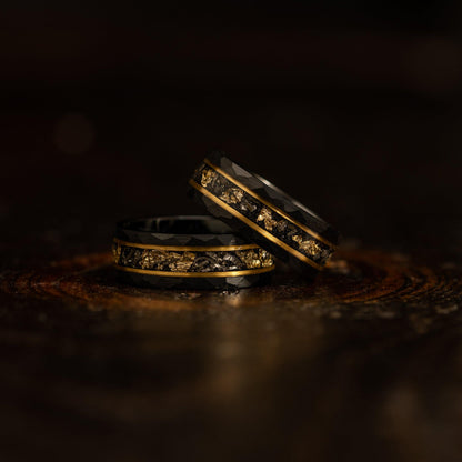 "Zeus" Hammered Tungsten Carbide Ring- Black w/ Meteorite & Gold Leaf- 6mm/8mm