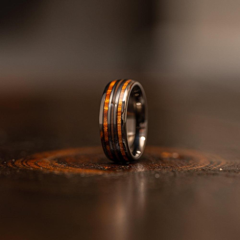 "Dionysus"  Hawaiian Koa Wood x Guitar String Ring- Gunmetal Tungsten - 6mm/8mm