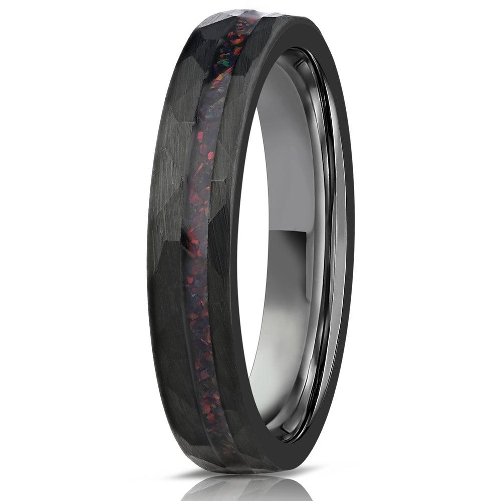 "Zeus" Womens Hammered Tungsten Carbide Ring- Black w/ Black Opal Strip- 4mm