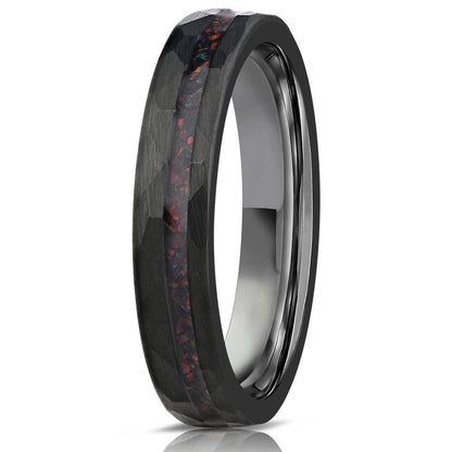 "Zeus" Womens Hammered Tungsten Carbide Ring- Black w/ Black Opal Strip- 4mm
