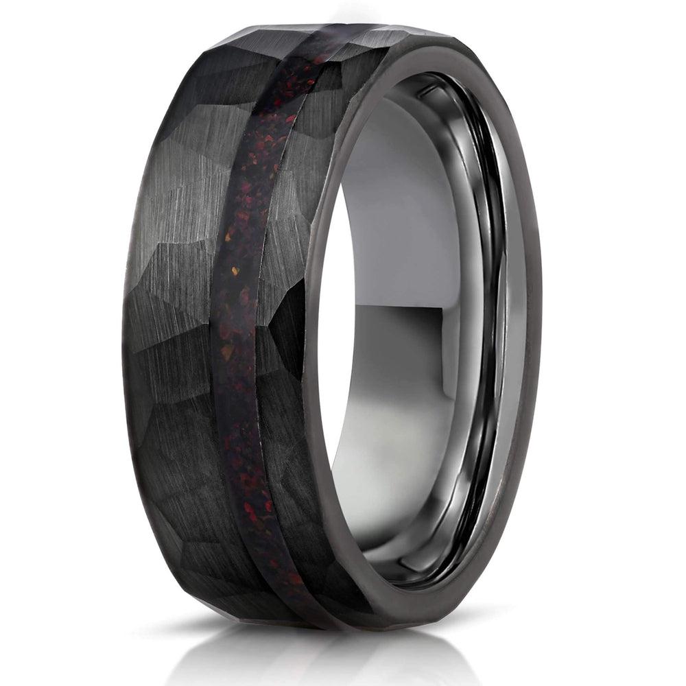 "Zeus" Hammered Tungsten Carbide Ring- Black w/ Black Opal Strip- 8mm