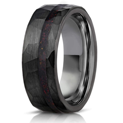 "Zeus" Hammered Tungsten Carbide Ring- Black w/ Black Opal Strip- 8mm