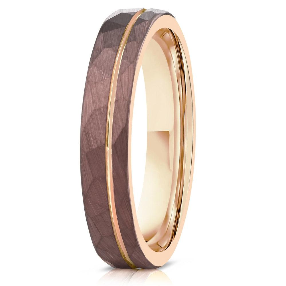 "Zeus" Womens Hammered Tungsten Carbide Ring- Chocolate w/ Rose Gold Strip- 4mm