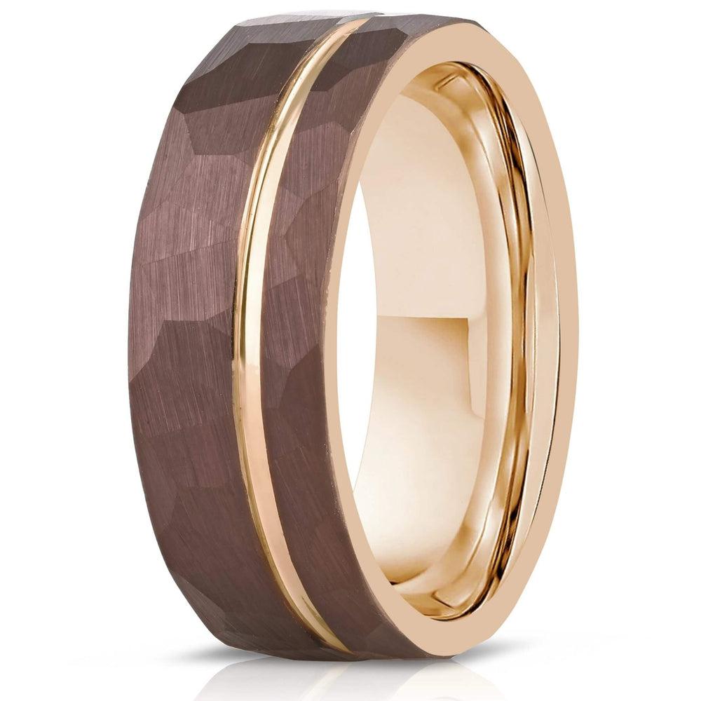 "Zeus" Hammered Tungsten Carbide Ring- Coffee with Rose Gold