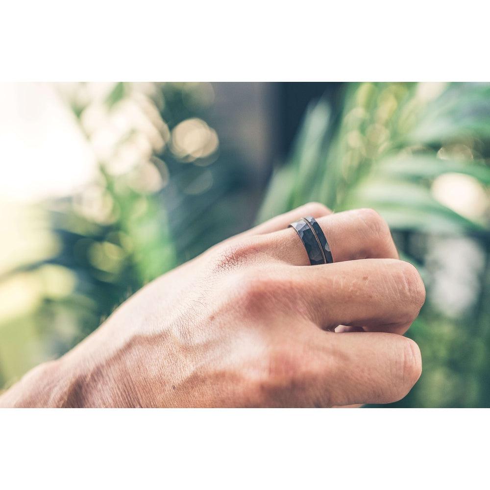 "Zeus" Hammered Guitar String Ring- Black with Guitar String