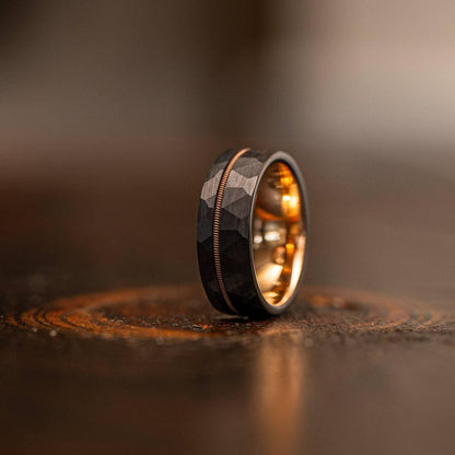 "Zeus" Hammered Guitar String Ring- Black with Guitar String
