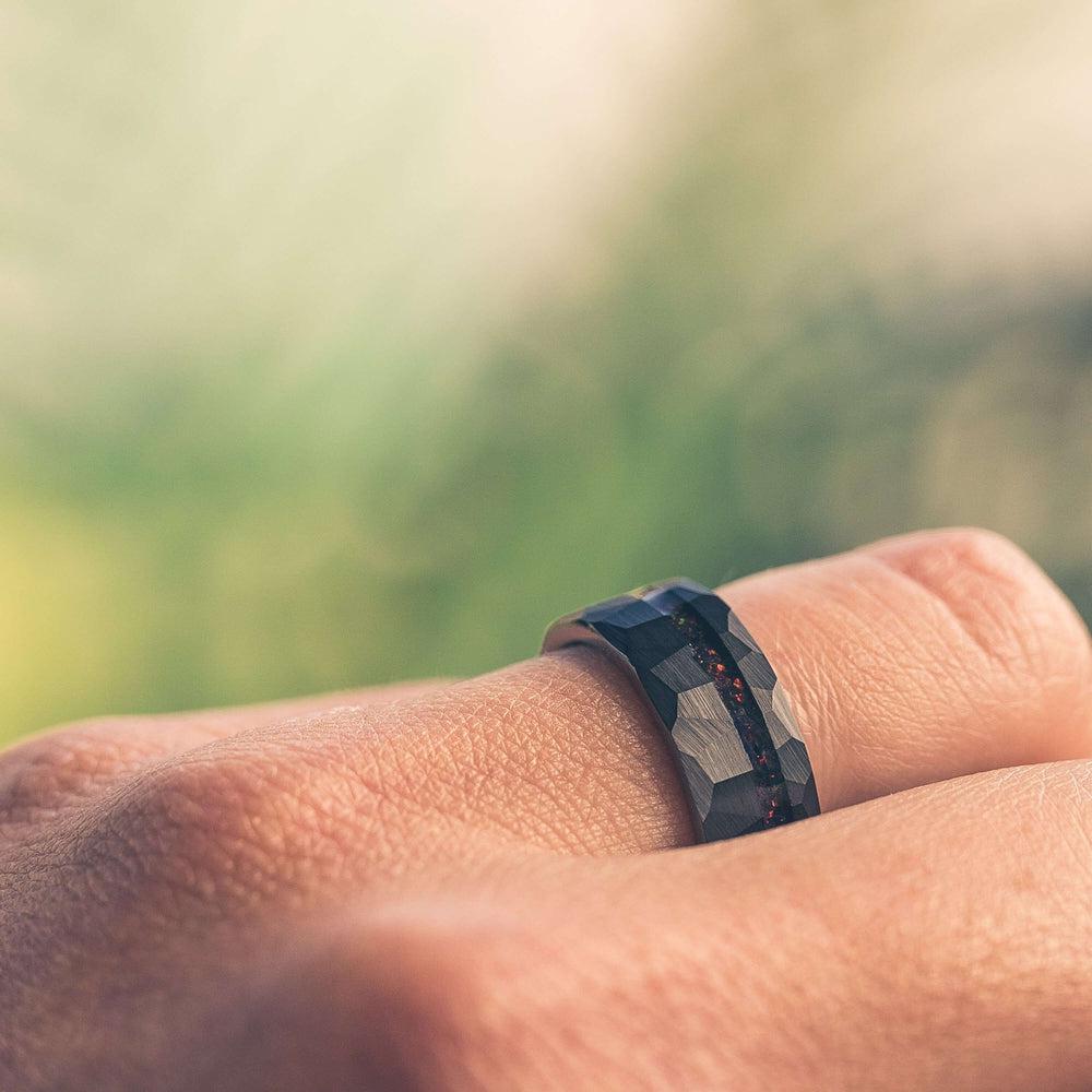 "Zeus" Hammered Tungsten Carbide Ring- Black w/ Black Opal Strip- 8mm