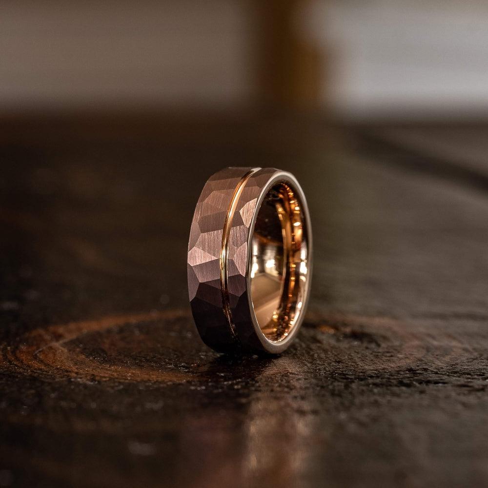 "Zeus" Hammered Tungsten Carbide Ring- Coffee with Rose Gold