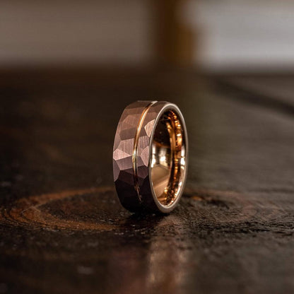 "Zeus" Hammered Tungsten Carbide Ring- Coffee with Rose Gold