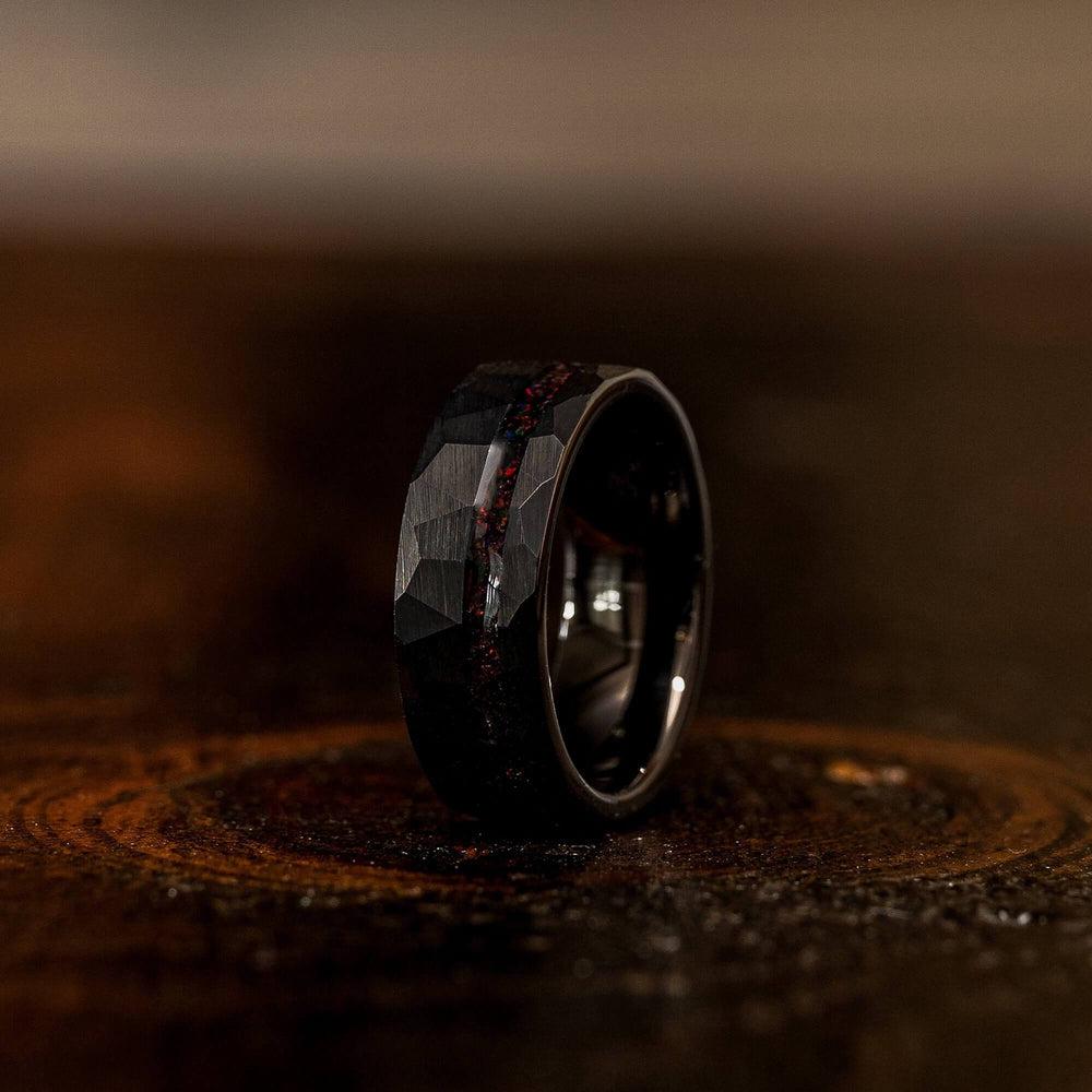 "Zeus" Hammered Tungsten Carbide Ring- Black w/ Black Opal Strip- 8mm