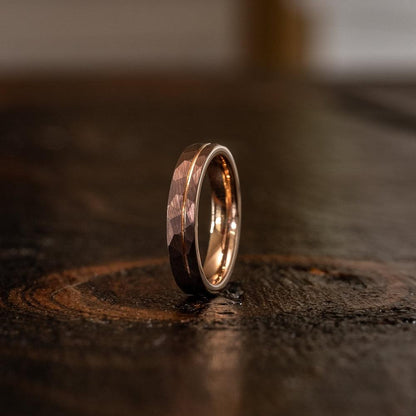 "Zeus" Womens Hammered Tungsten Carbide Ring- Chocolate w/ Rose Gold Strip- 4mm
