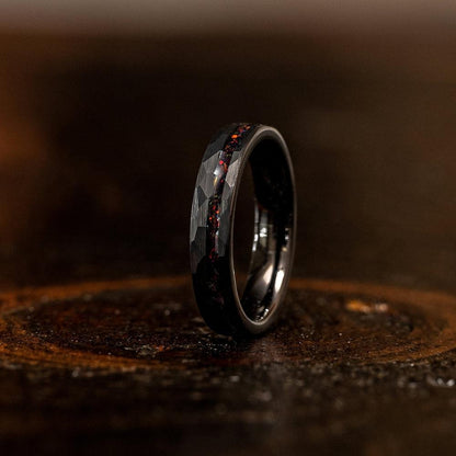 "Zeus" Womens Hammered Tungsten Carbide Ring- Black w/ Black Opal Strip- 4mm