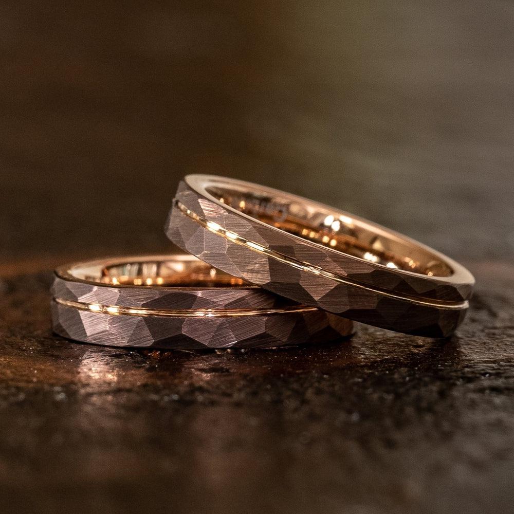 "Zeus" Womens Hammered Tungsten Carbide Ring- Chocolate w/ Rose Gold Strip- 4mm