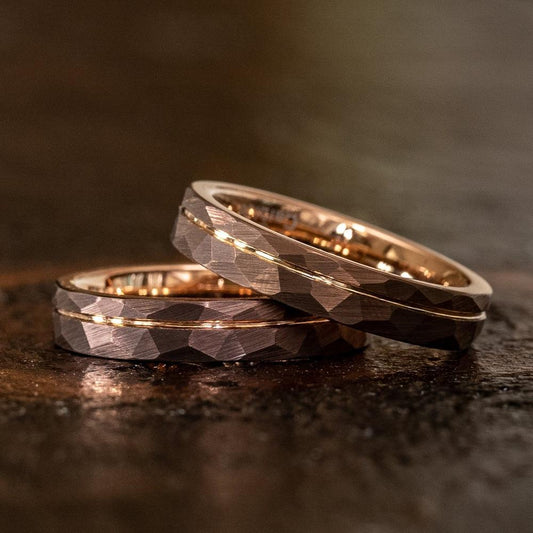 "Zeus" Womens Hammered Tungsten Carbide Ring- Chocolate w/ Rose Gold Strip- 4mm