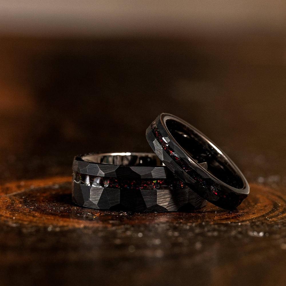 "Zeus" Hammered Tungsten Carbide Ring- Black w/ Black Opal Strip- 8mm