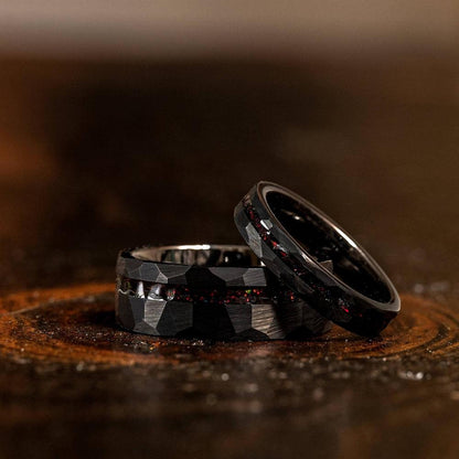 "Zeus" Hammered Tungsten Carbide Ring- Black w/ Black Opal Strip- 8mm